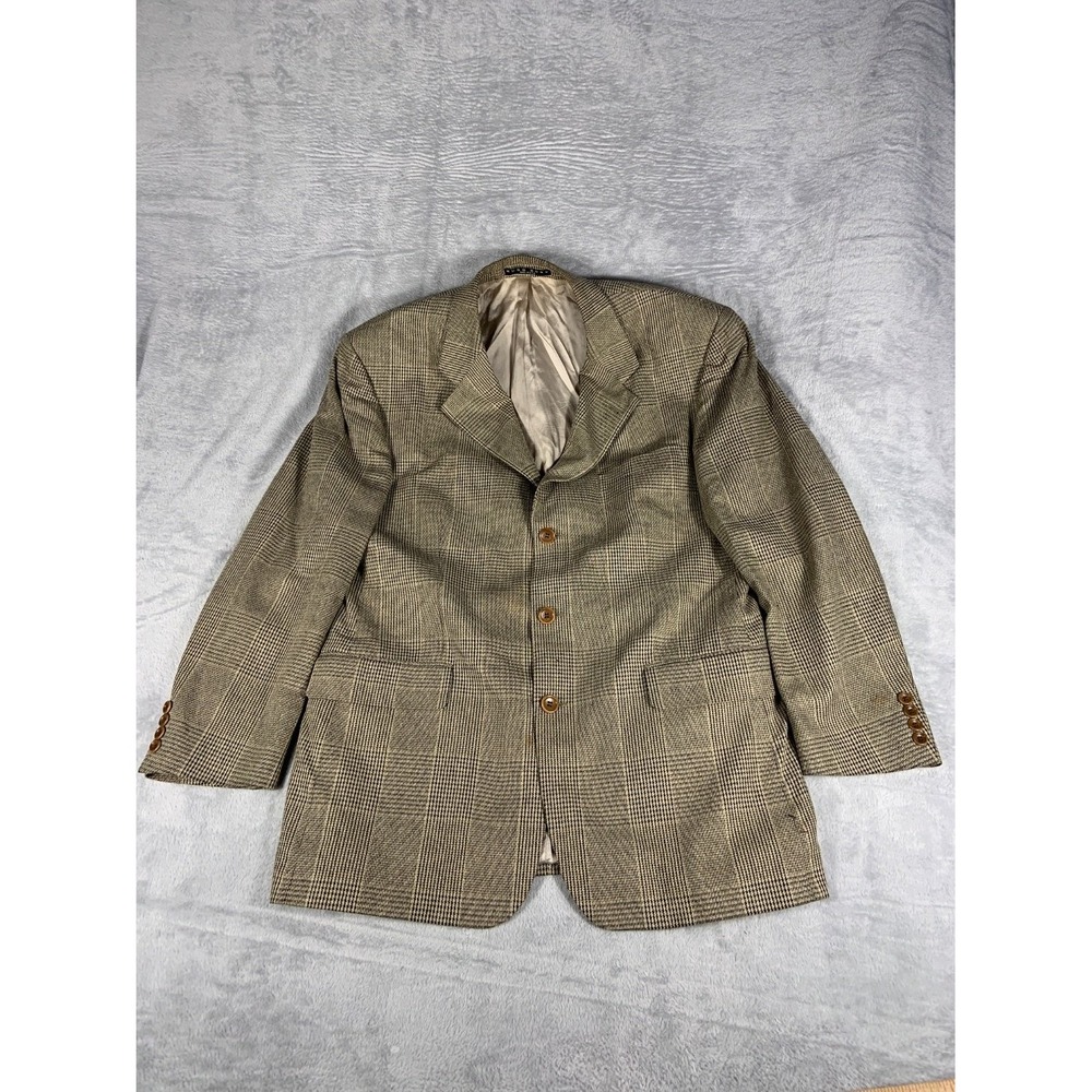 Vtg Hugo Boss Mens Blazer Sport Coat Size 42R Beige Plaid Check Union Made USA